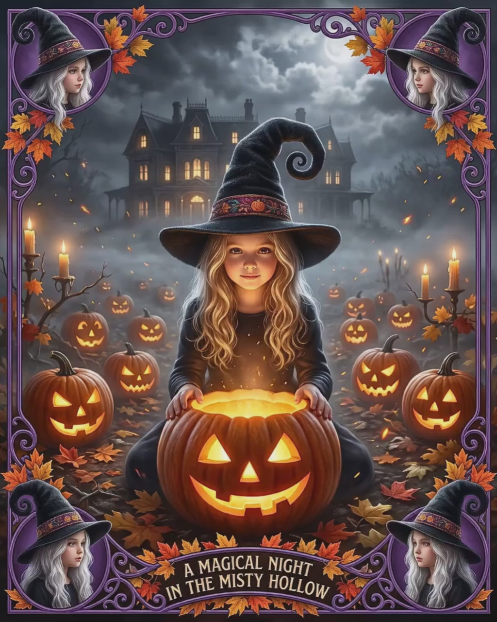 A Magical Night in the Misty Hollow | Silk-finish Poster | Cute Halloween Witch, Glowing Jack-o'-Lanterns | Fall Gift for Kids and Adults