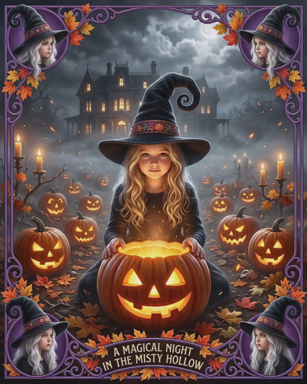 A Magical Night in the Misty Hollow | Silk-finish Poster | Cute Halloween Witch, Glowing Jack-o'-Lanterns | Fall Gift for Kids and Adults
