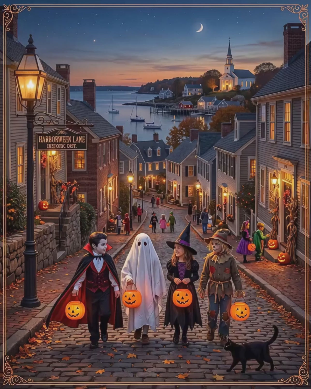 "HARBORWEEN LANE" Historic District | Matte Finish Poster – 7 Sizes | Nostalgic Night Town Scene | Classic Halloween Art | Spooky Retro Trick-or-Treat Village | Fall Gift for Kids & Adults