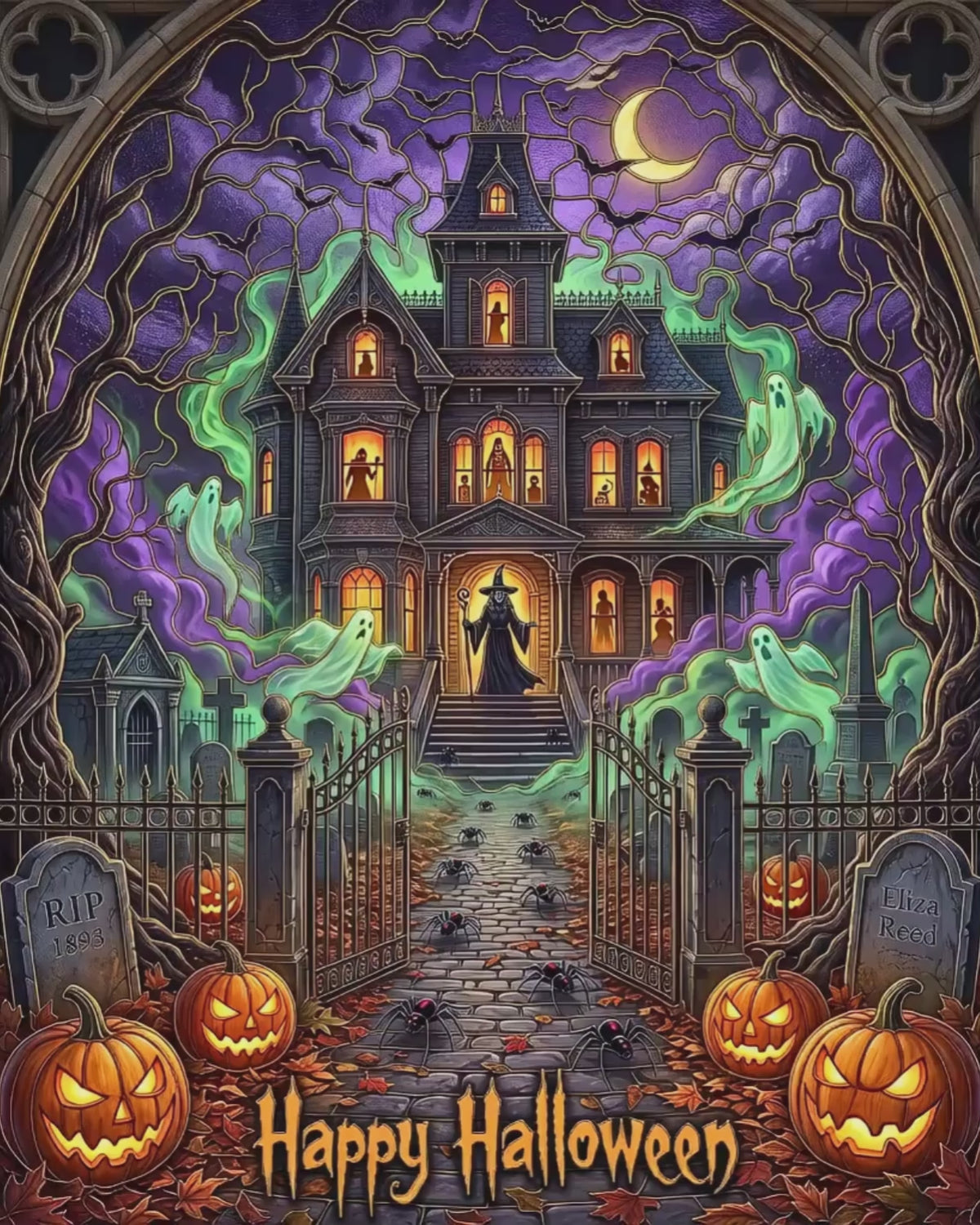 Spooky Haunted House Halloween Art | Stained-Glass Jigsaw Puzzle |  Victorian Mansion Art | Spooky Graveyard Witch Print | Jack-o-Lantern