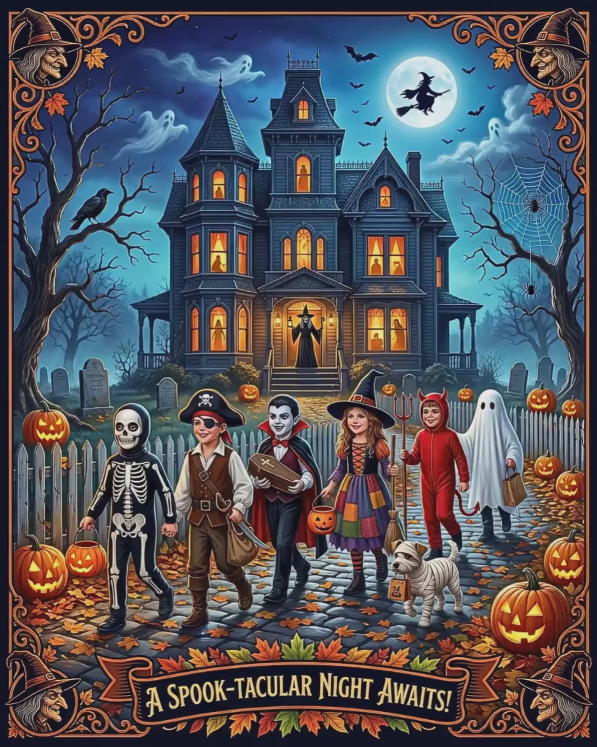 A Spook-tacular Night Awaits! | Jigsaw Puzzle | Vintage Halloween Victorian Haunted House | Trick-or-Treaters, Jack-o-Lanterns, Witches