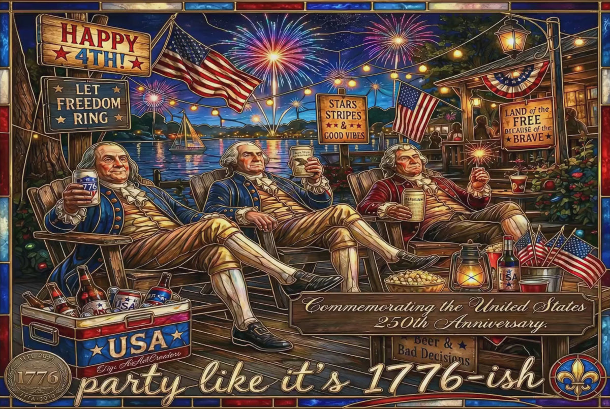 USA Anniversary America's Founding Fathers |250 Years 1776-2026 | Mind-bending, 1014 Piece Faux Stained-Glass Jigsaw Puzzle | Party Like It's 1776-ish