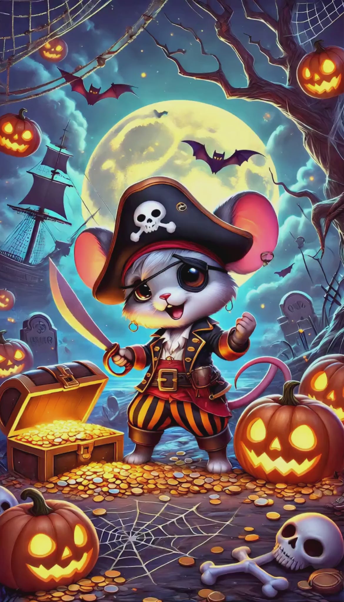 Pirate Mouse Halloween Canvas Art Print, Spooky Decor, Kids Room Wall Art, Halloween Party Decoration, Cute Pirate Artwork