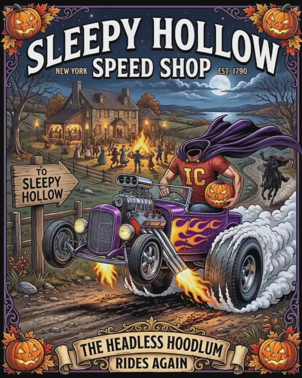 Sleepy Hollow Speed Shop Jigsaw Puzzle | Headless Horseman Vintage Hot Rod Art | Spooky Halloween Harvest Decor | Classic Car Halloween Gift