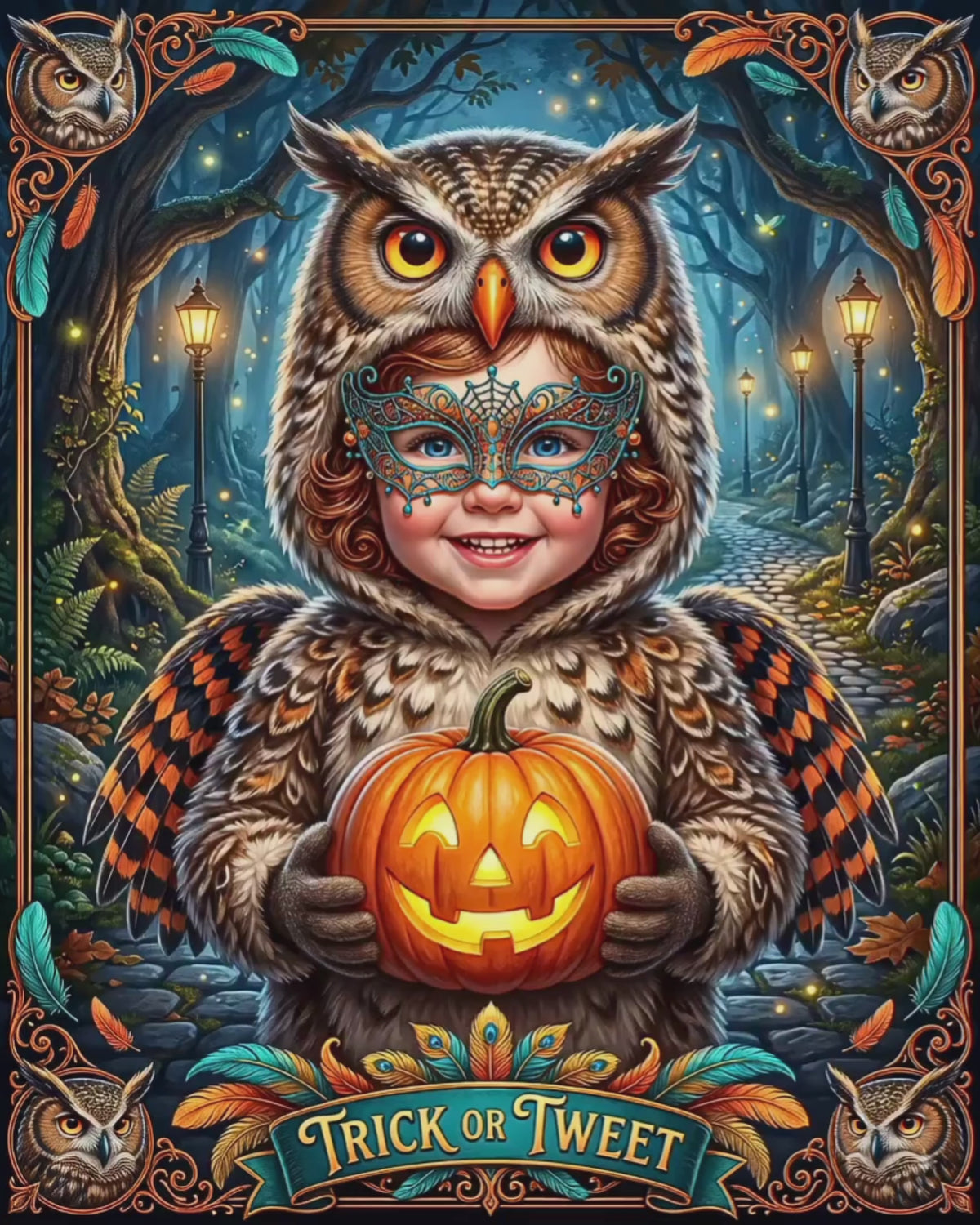Adorable Halloween Owl Costume | Textured Watercolor Matte Poster |  "Trick or Tweet" Vintage Night Forest | Cute Jack-O-Lantern Fall Poster