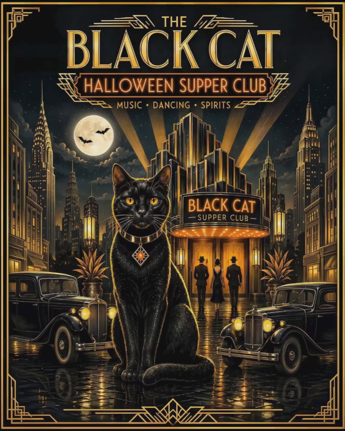 "The Black Cat" Art Deco Speakeasy Poster | Vintage “Halloween Supper Club” Art Print | Gatsby-Inspired Roaring 20s Decor | 3 sizes