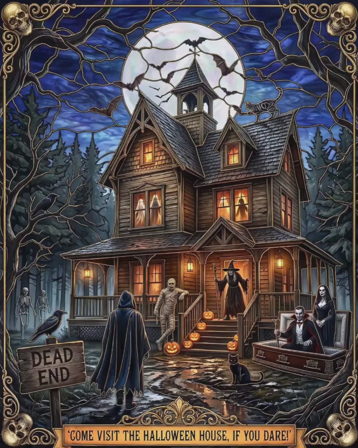 Vintage Haunted Halloween Mansion | Faux Stained-Glass Jigsaw Puzzle | Spooky Victorian Estate | Classic Monsters-Vampire, Mummy and Witch