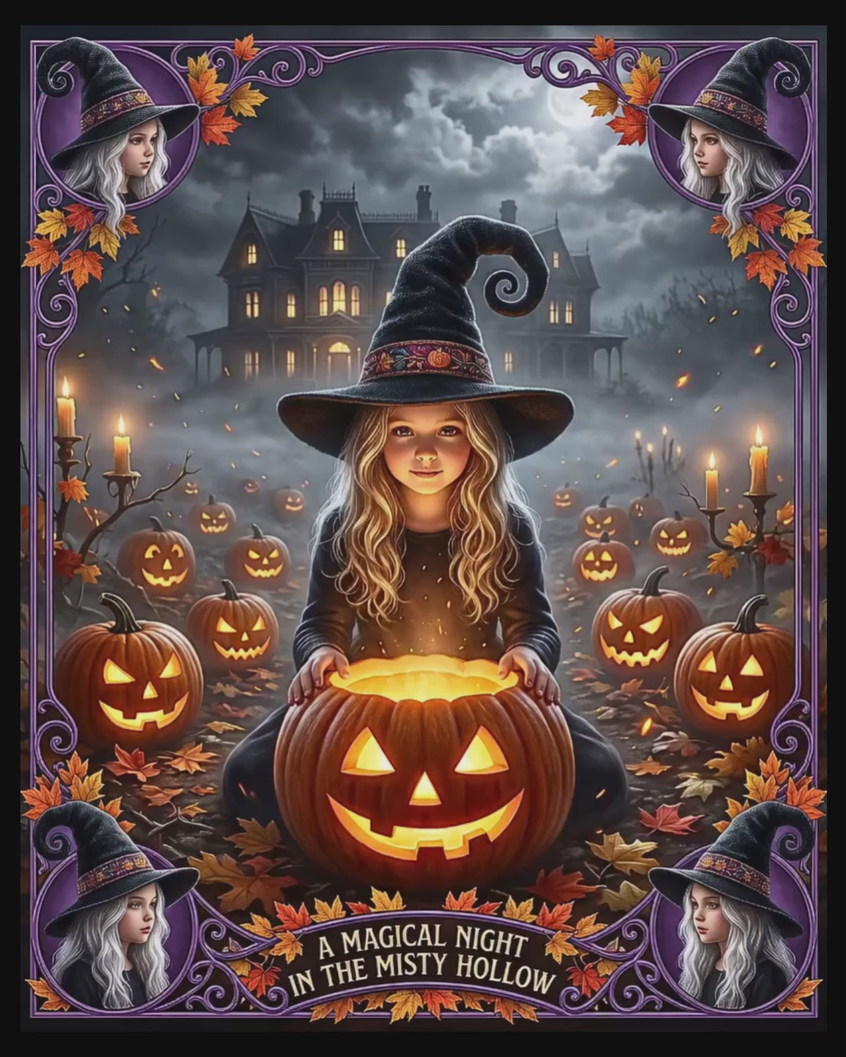 Halloween Art Jigsaw Puzzle | Cute Costumed Witch Girl | Glowing Jack-o'-Lanterns, Haunted Victorian Mansion | Fall Gift for Kids & Adults