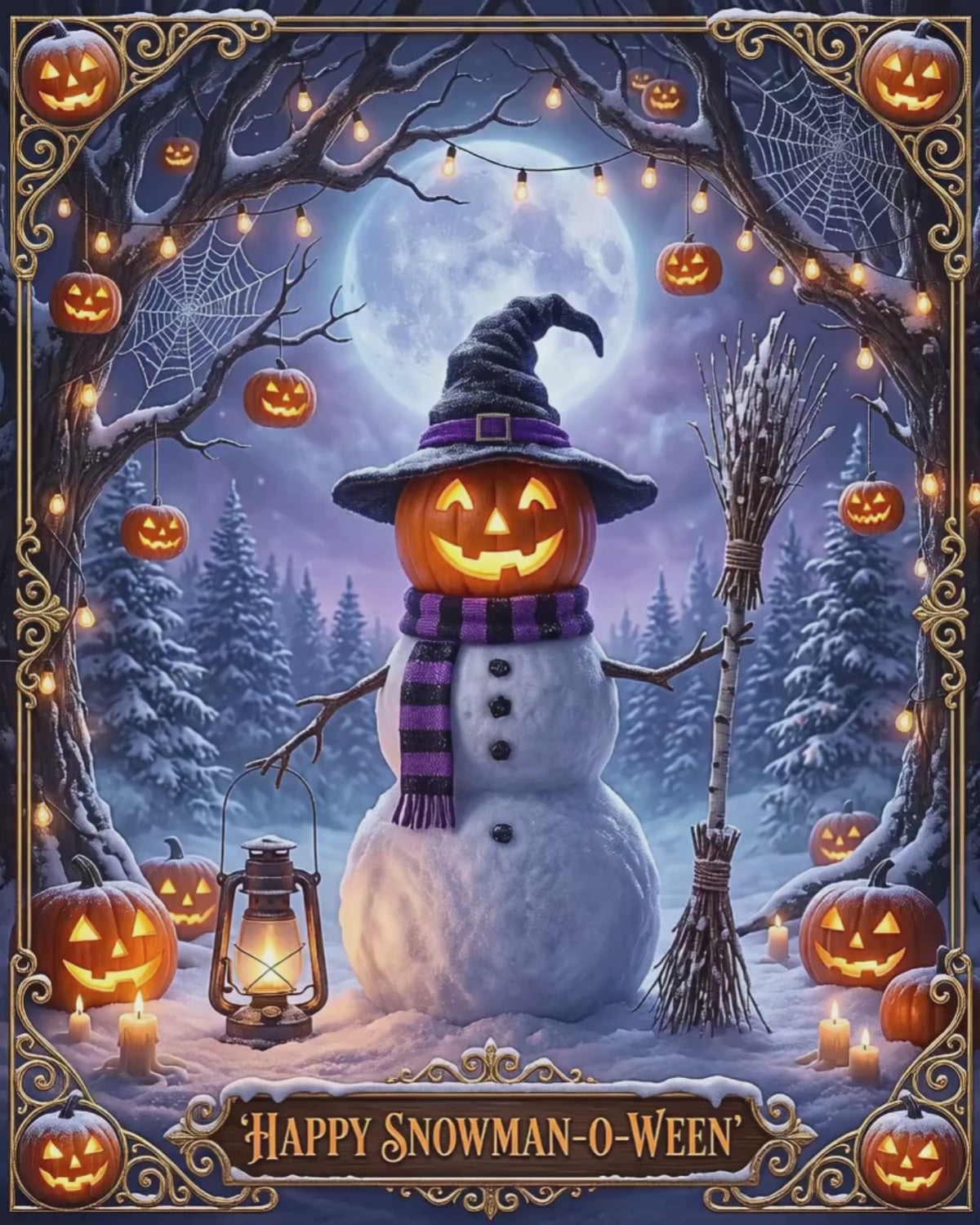 Whimsical 'Happy Snowman-O-Ween' Jigsaw Puzzle | Witch Hat Jack-o'-Lantern Art | Halloween Fall to Winter Mashup | Enchanted Forest Decor