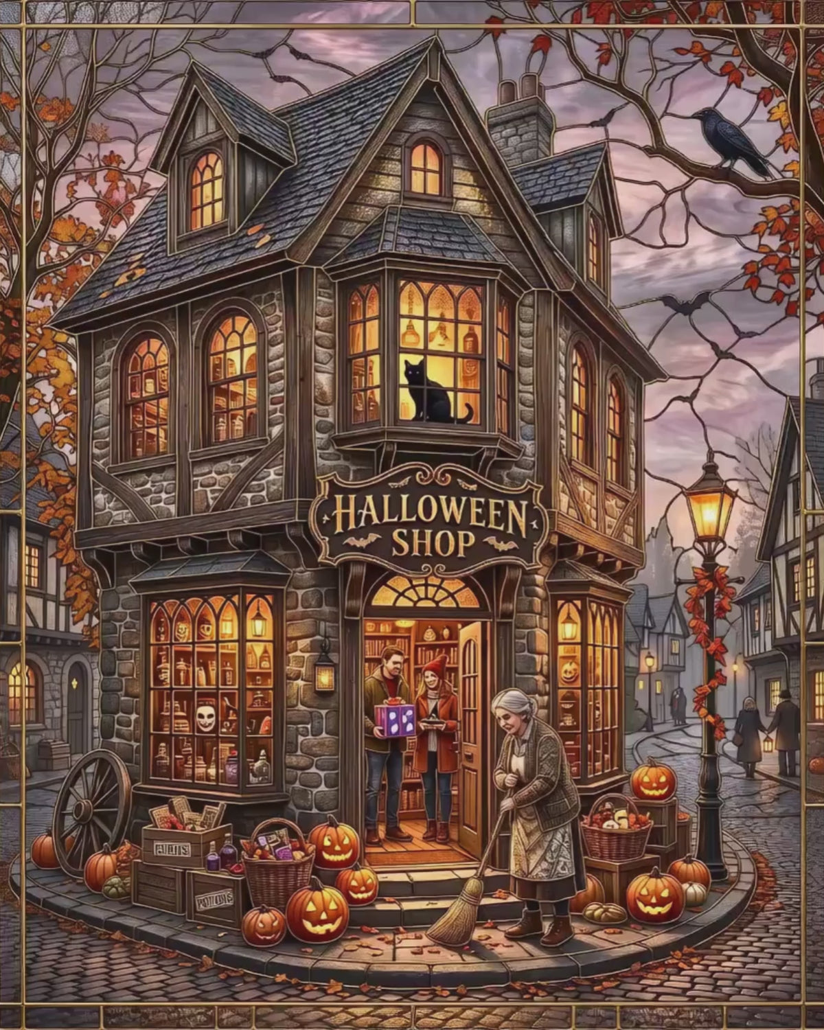 Magical Halloween Shop | Faux Stained-Glass Jigsaw Puzzle | Spooky Autumn Village Print | Whimsical Black Cat and Pumpkins Fall Decor
